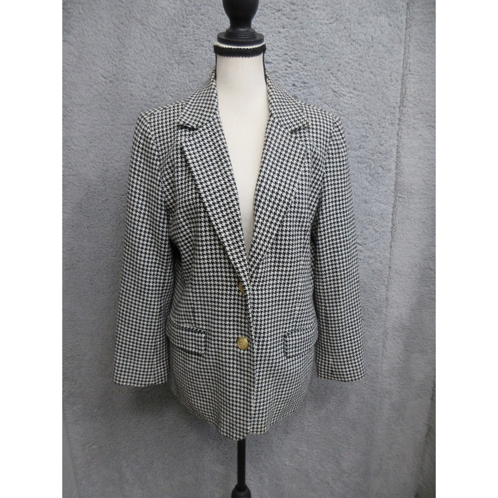 The Tog Shop Houndstooth Wool Blend Blazer Women 10P Black White Dark Academia